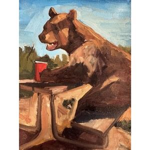 Original Impressionist Painting Bear Signed Outdoors Nature Funny 9x12 Canvas